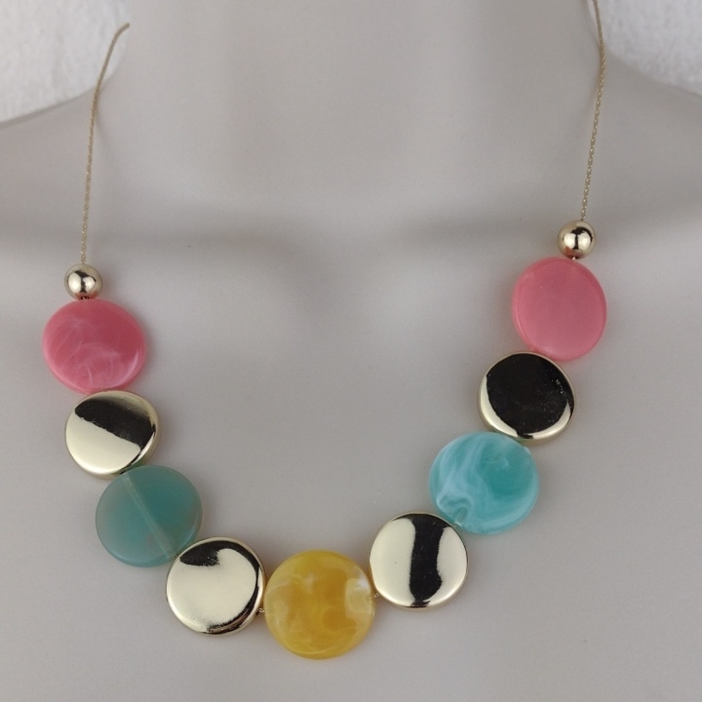 Vibrant Pink Blue & Yellow Resin Disc & Dainty Gold Chain Necklace